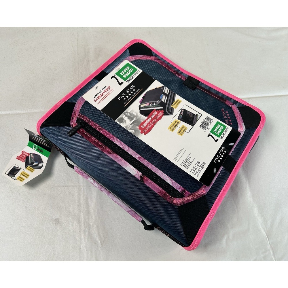 NEW!! Five Star 2" Sewn Zipper Binder with Expandable Pocket in Navy/Pink